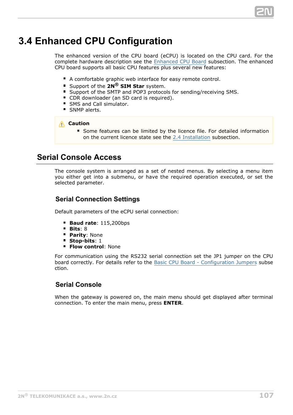 4 enhanced cpu configuration, Serial console access, Serial connection settings | Serial console | 2N StarGate/BlueTower v5.5 User Manual | Page 107 / 175