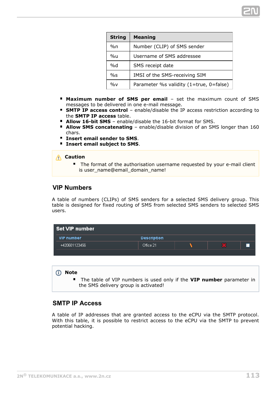 Vip numbers, Smtp ip access | 2N StarGate/BlueTower v5.5 User Manual | Page 113 / 175