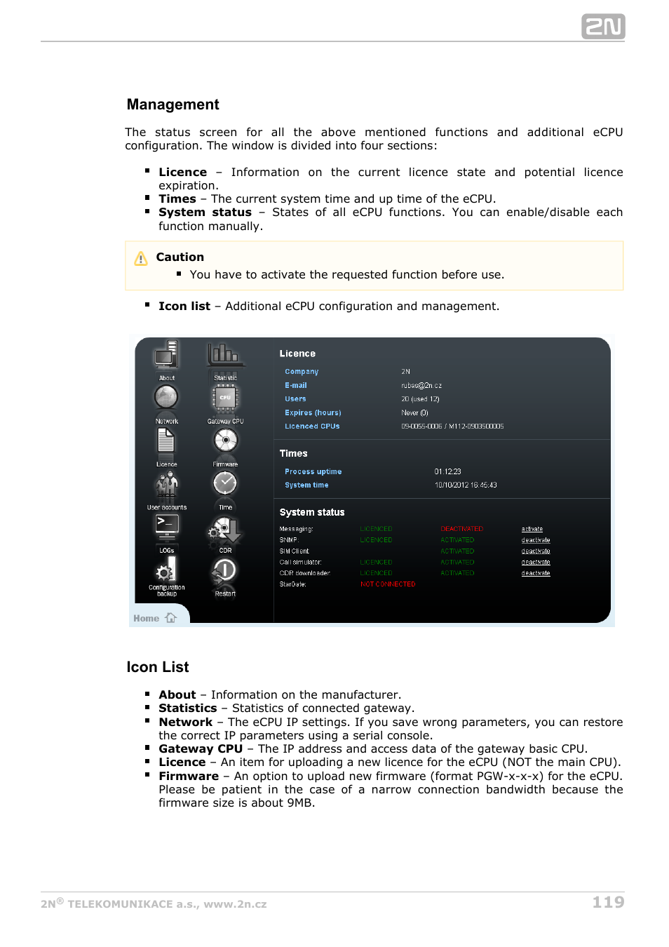 Management, Icon list | 2N StarGate/BlueTower v5.5 User Manual | Page 119 / 175