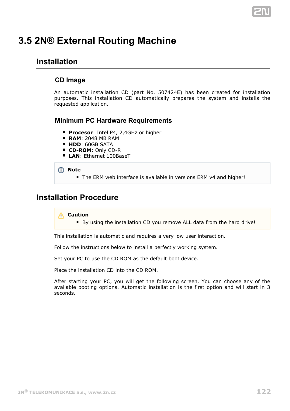 5 2n® external routing machine, Installation, Installation procedure | 2N StarGate/BlueTower v5.5 User Manual | Page 122 / 175