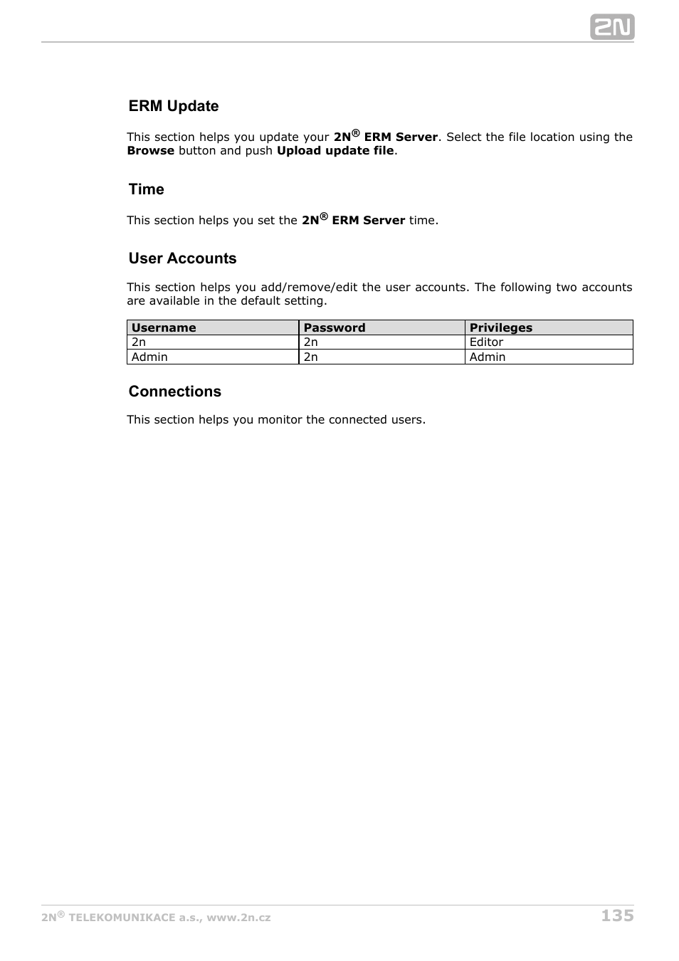 Erm update, Time, User accounts | Connections | 2N StarGate/BlueTower v5.5 User Manual | Page 135 / 175