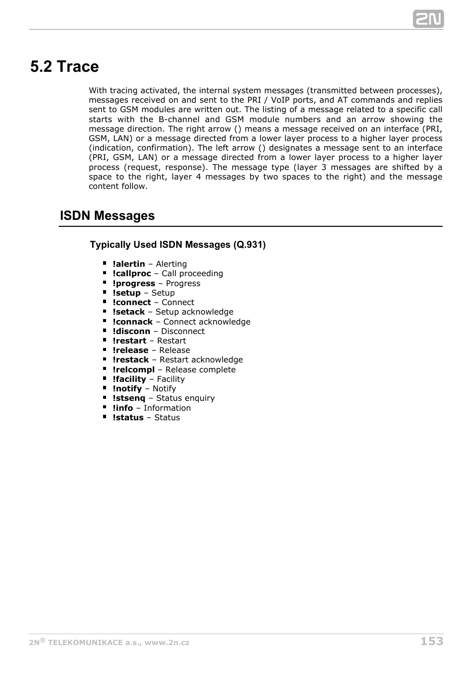 2 trace, Isdn messages | 2N StarGate/BlueTower v5.5 User Manual | Page 153 / 175