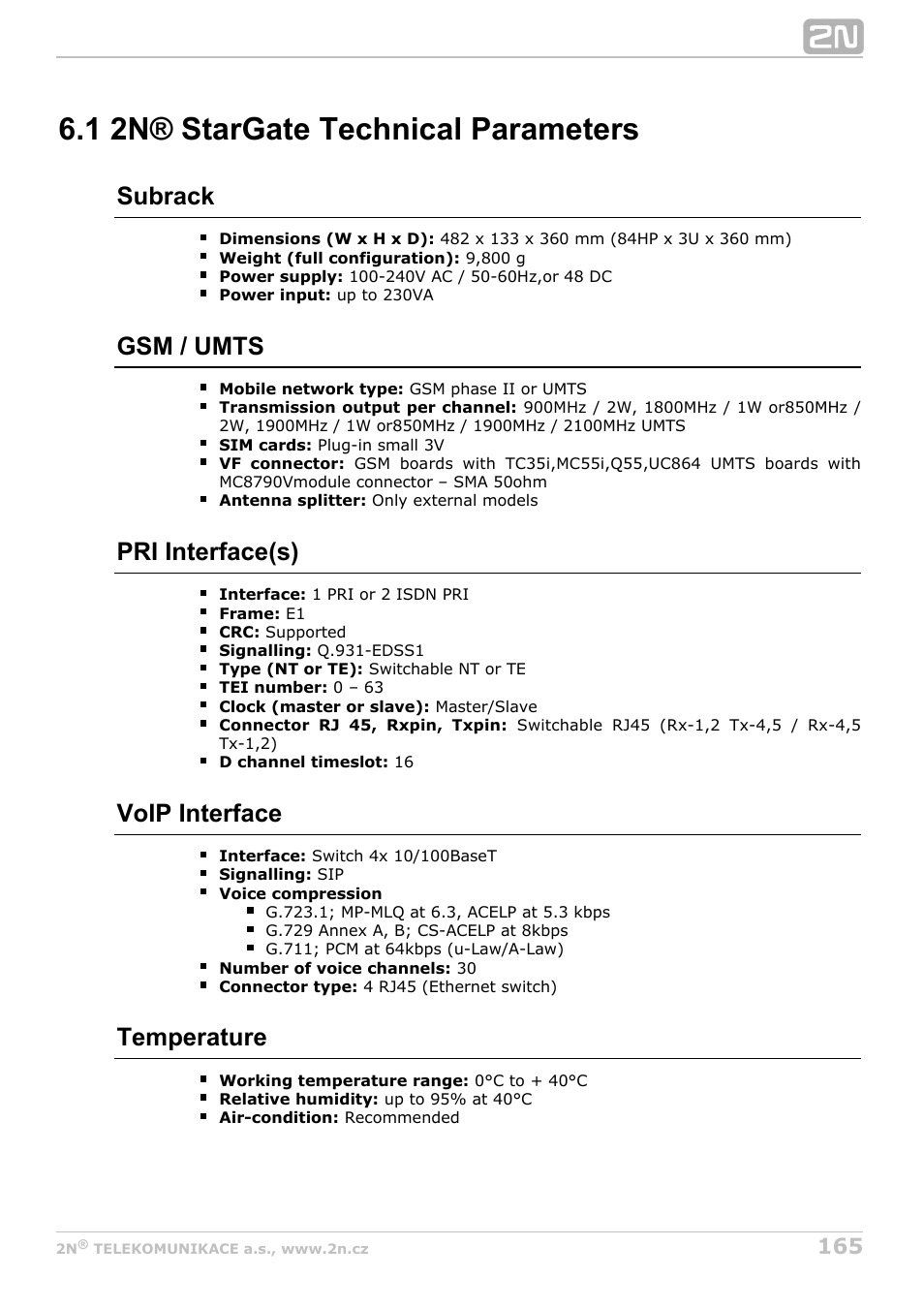 1 2n® stargate technical parameters, Subrack, Gsm / umts | Pri interface(s), Voip interface, Temperature | 2N StarGate/BlueTower v5.5 User Manual | Page 165 / 175