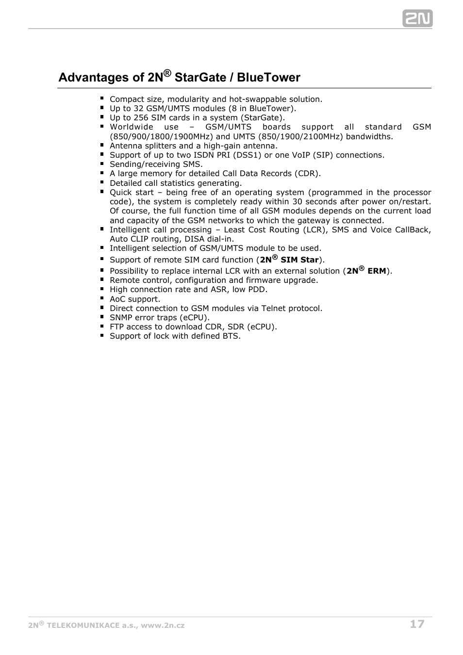 Advantages of 2n stargate / bluetower | 2N StarGate/BlueTower v5.5 User Manual | Page 17 / 175