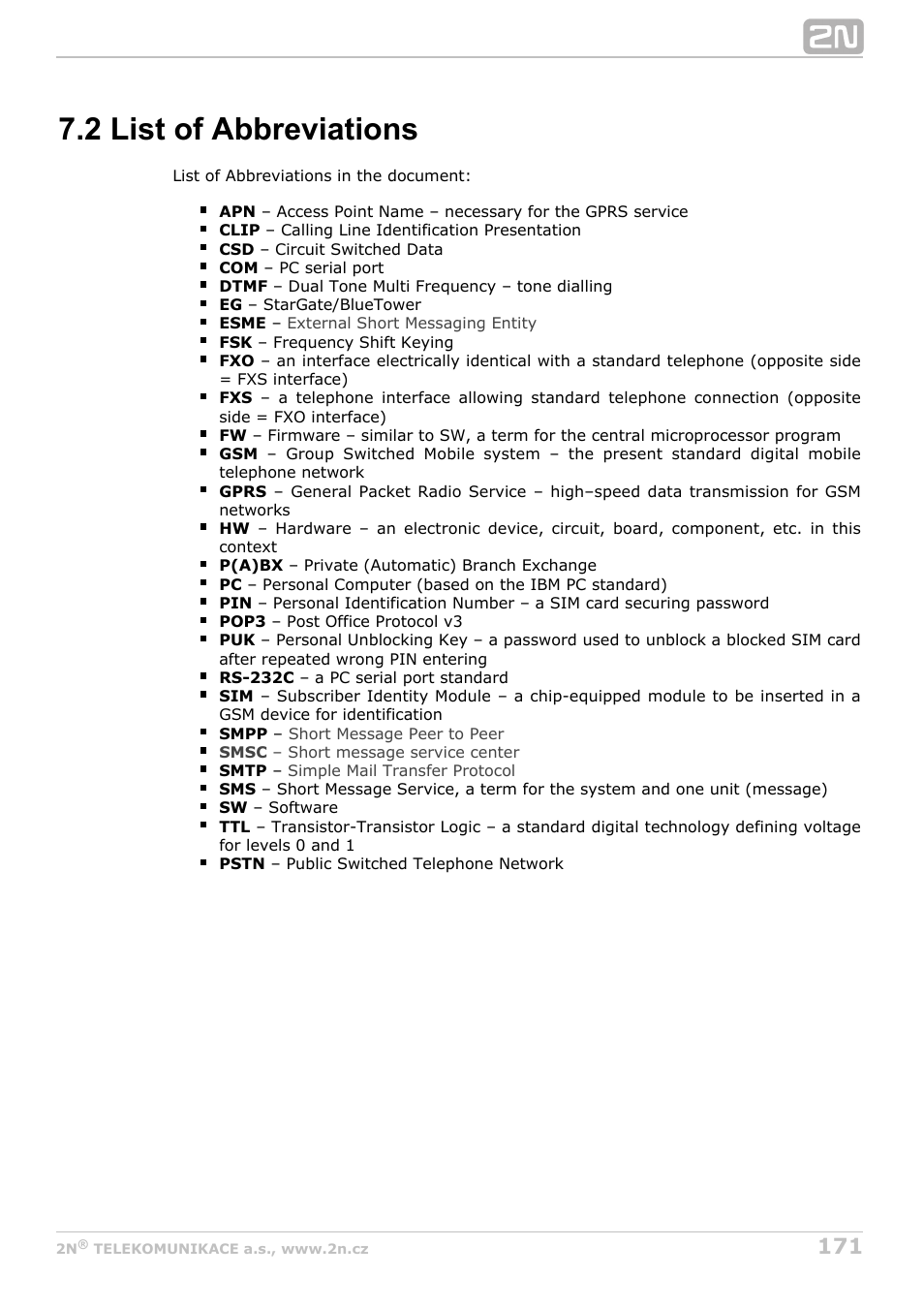2 list of abbreviations | 2N StarGate/BlueTower v5.5 User Manual | Page 171 / 175