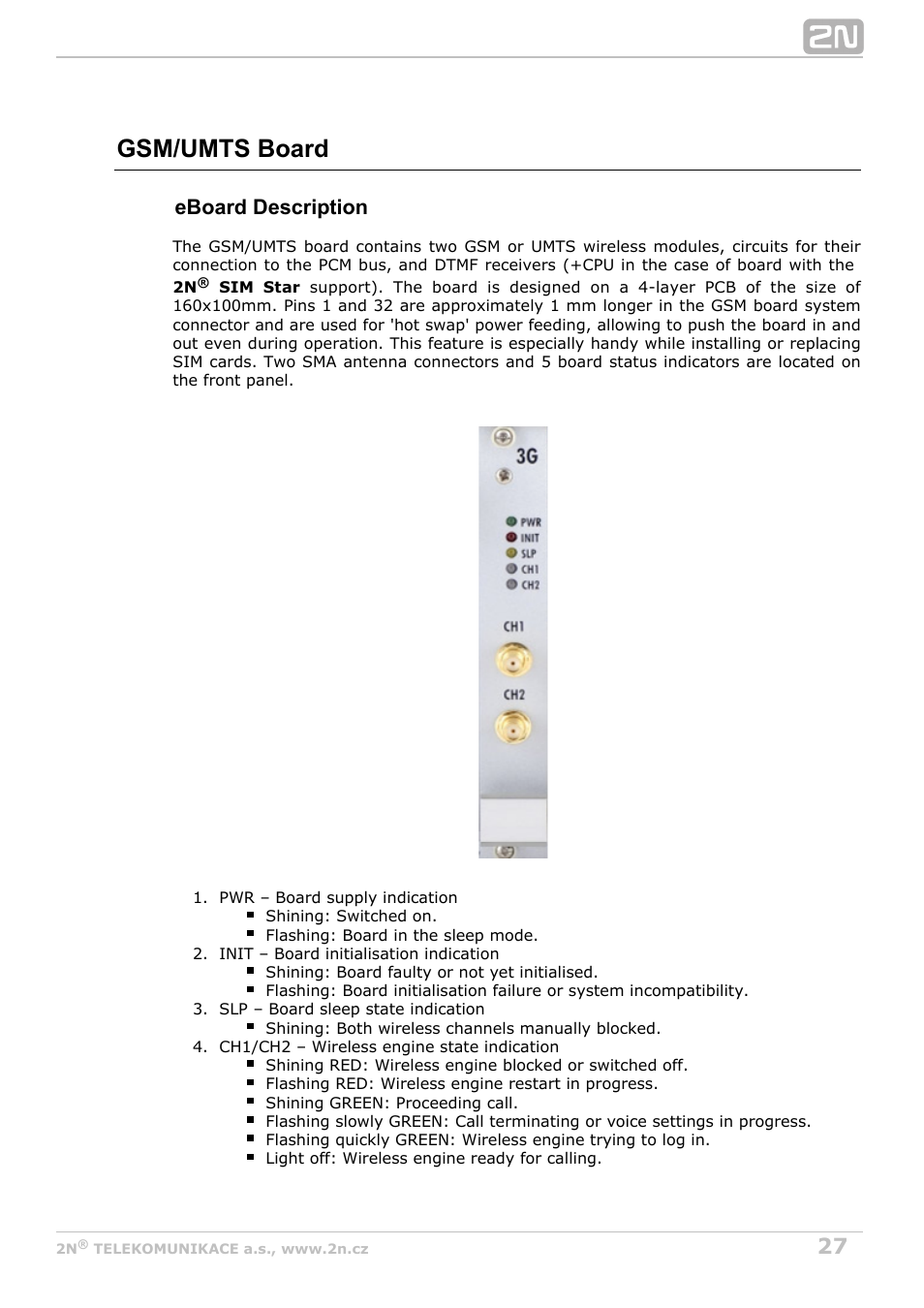 Gsm/umts board, Eboard description | 2N StarGate/BlueTower v5.5 User Manual | Page 27 / 175
