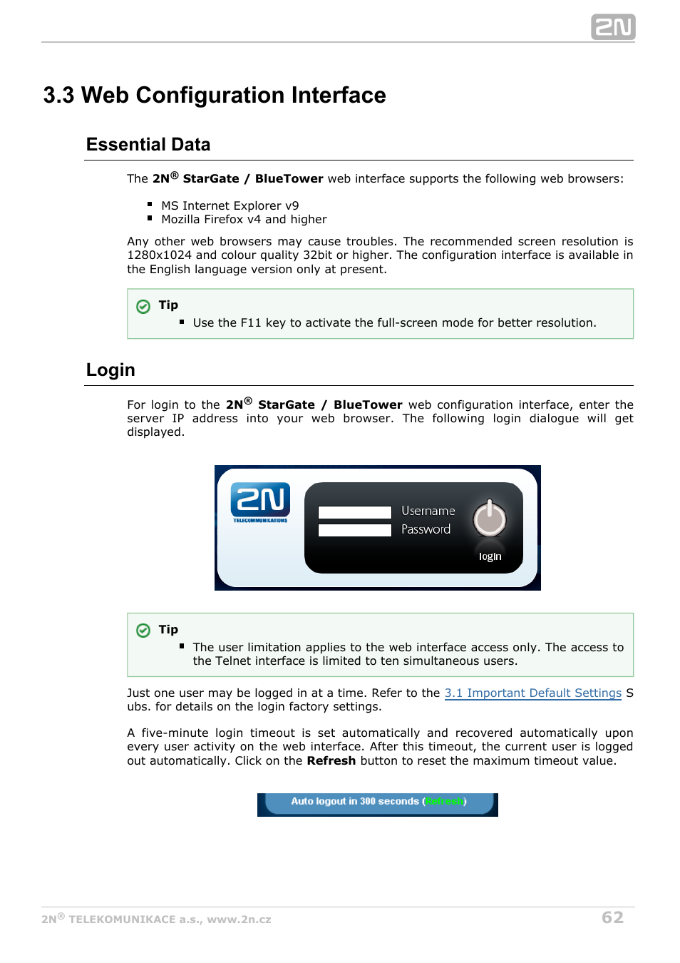 3 web configuration interface, Essential data, Login | 2N StarGate/BlueTower v5.5 User Manual | Page 62 / 175