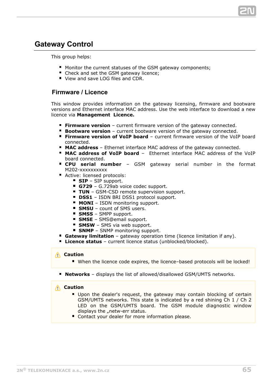 Gateway control, Firmware / licence | 2N StarGate/BlueTower v5.5 User Manual | Page 65 / 175