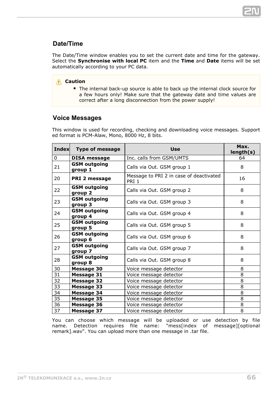 Date/time, Voice messages | 2N StarGate/BlueTower v5.5 User Manual | Page 66 / 175