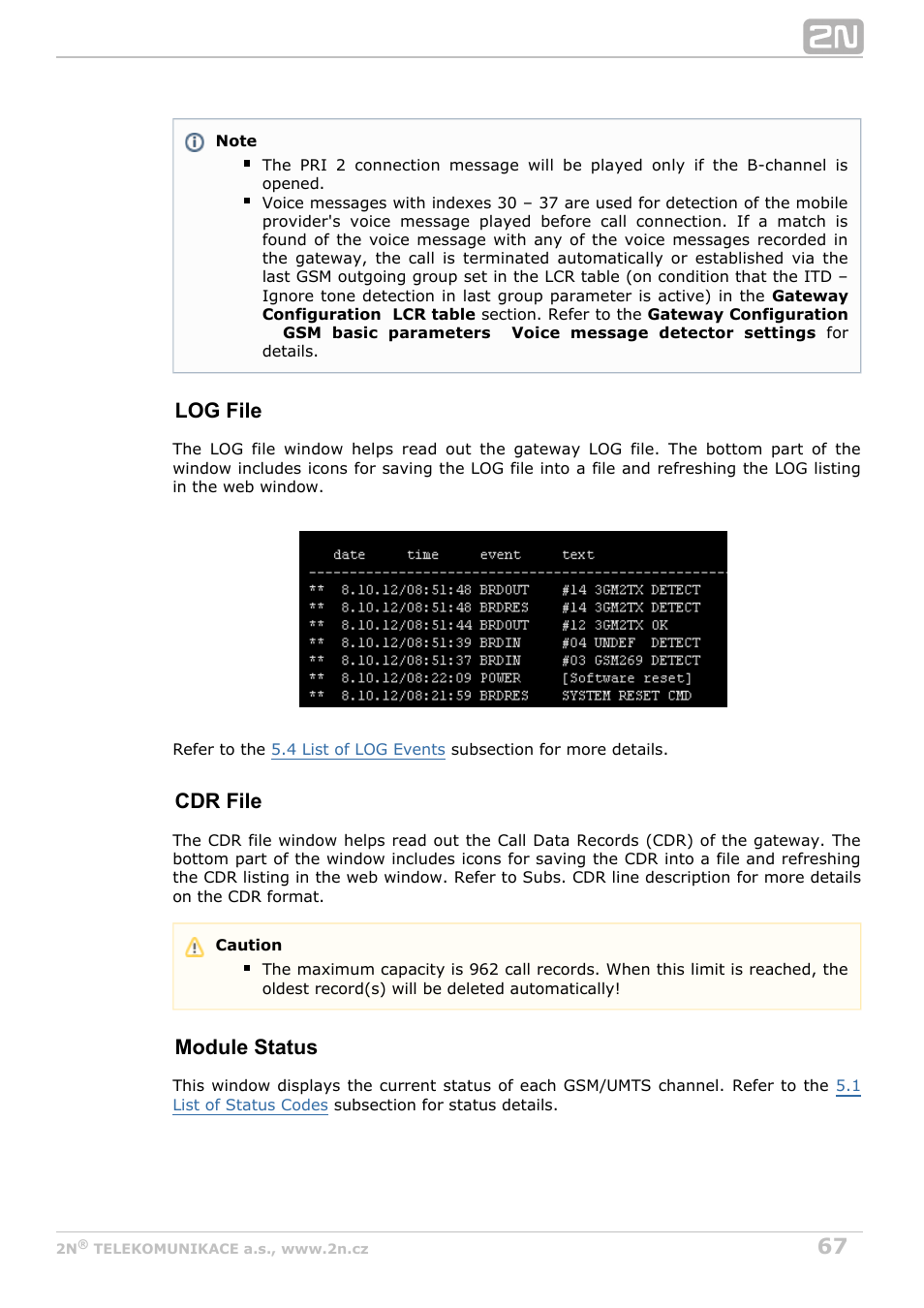 Log file, Cdr file, Module status | 2N StarGate/BlueTower v5.5 User Manual | Page 67 / 175