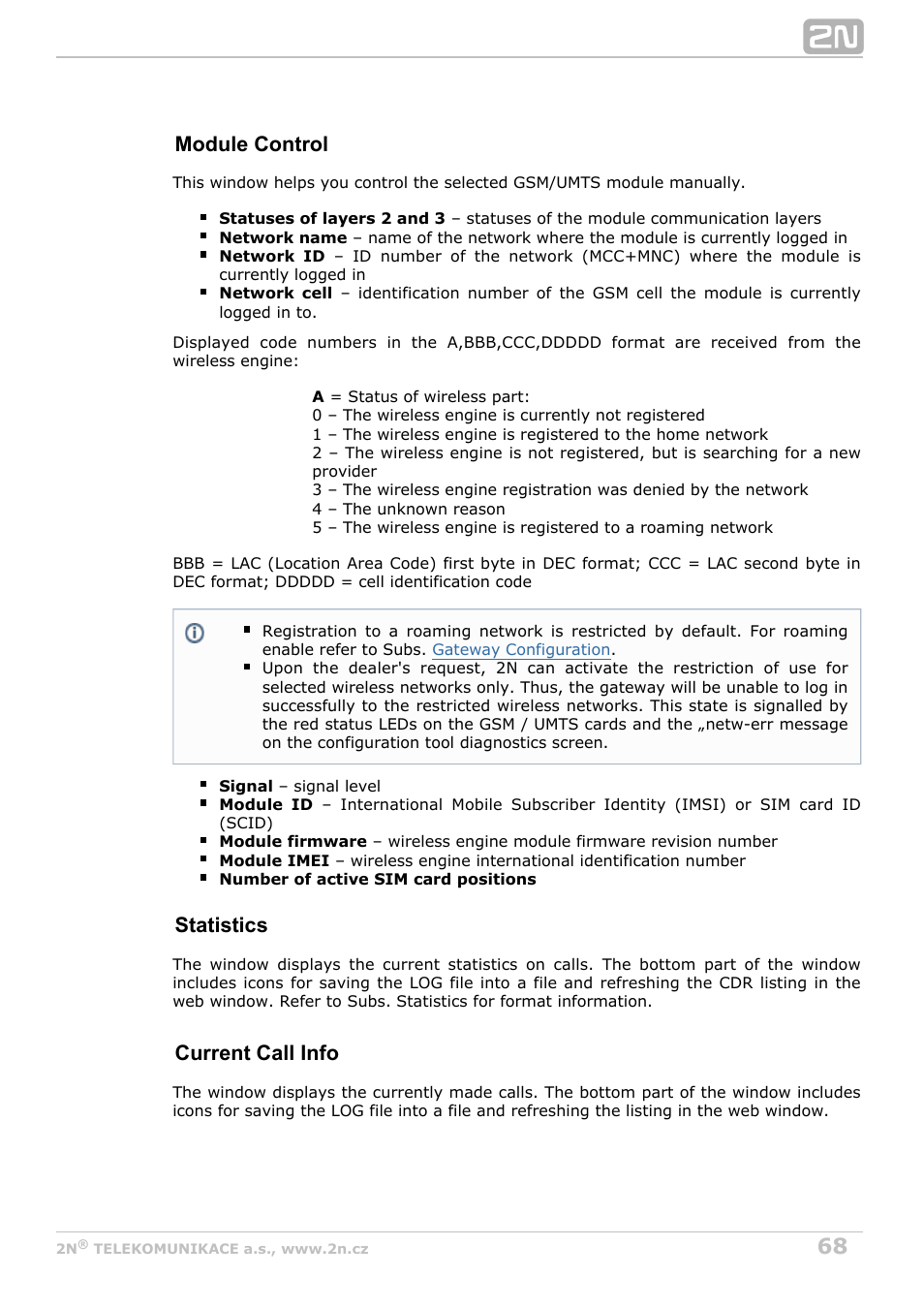 Module control, Statistics, Current call info | 2N StarGate/BlueTower v5.5 User Manual | Page 68 / 175