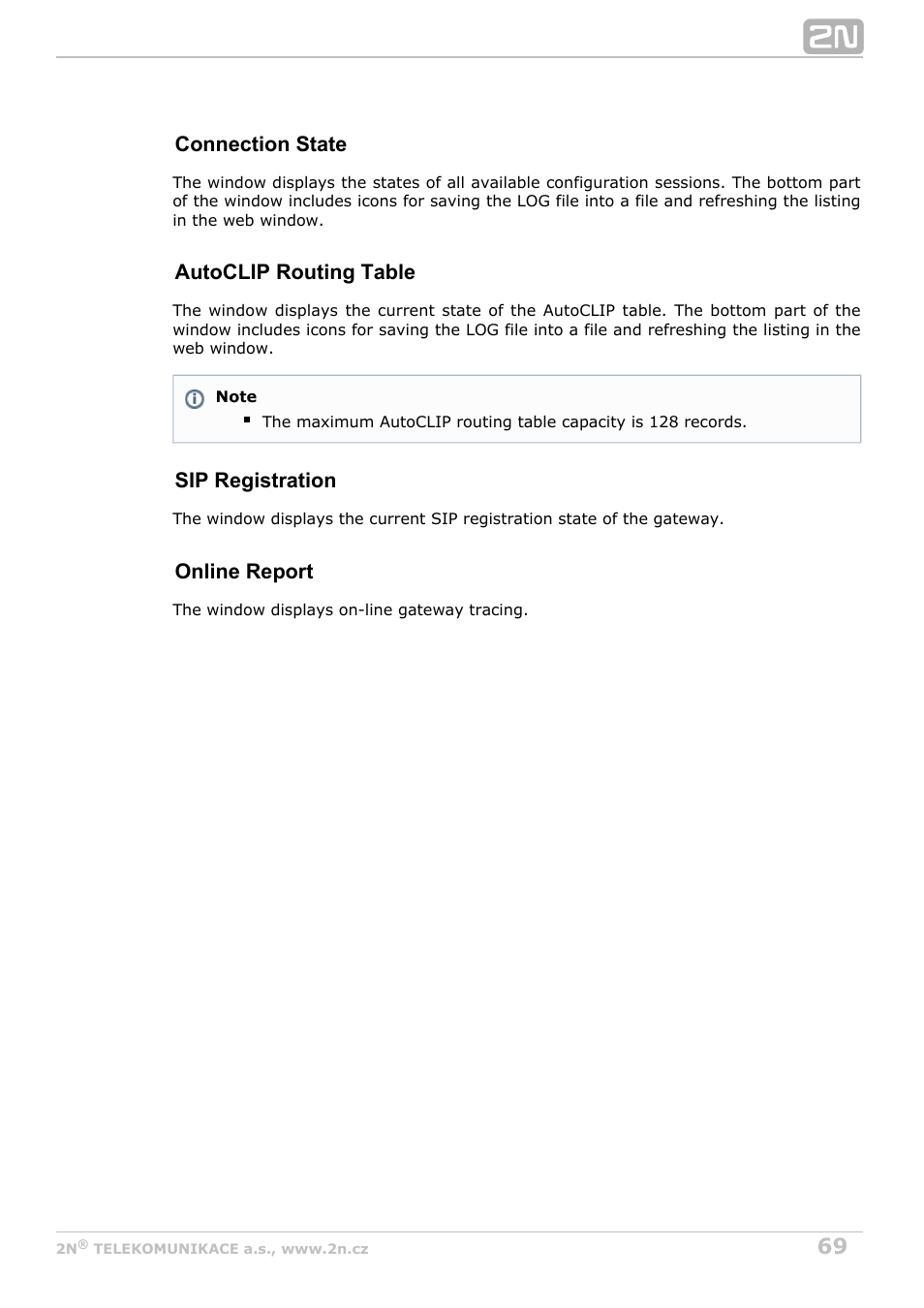 Connection state, Autoclip routing table, Sip registration | Online report | 2N StarGate/BlueTower v5.5 User Manual | Page 69 / 175