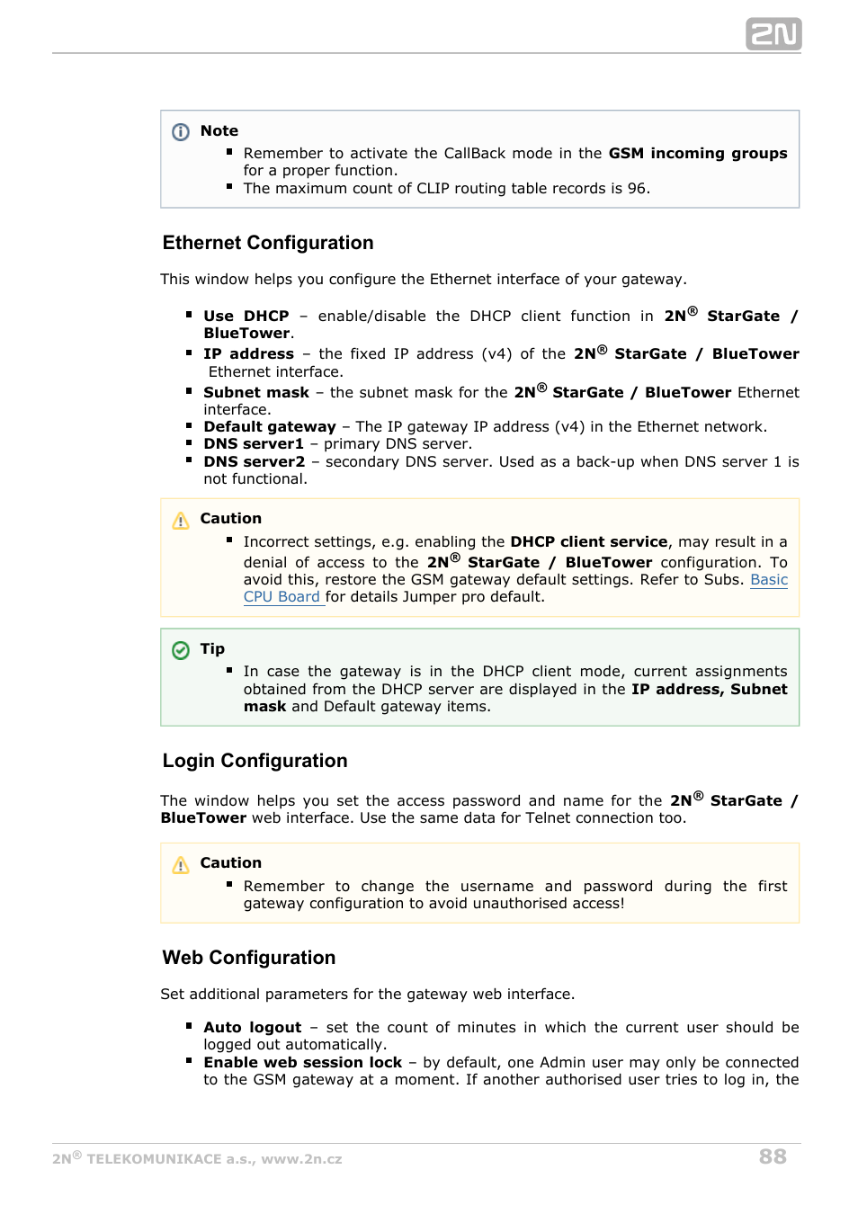Ethernet configuration, Login configuration, Web configuration | 2N StarGate/BlueTower v5.5 User Manual | Page 88 / 175