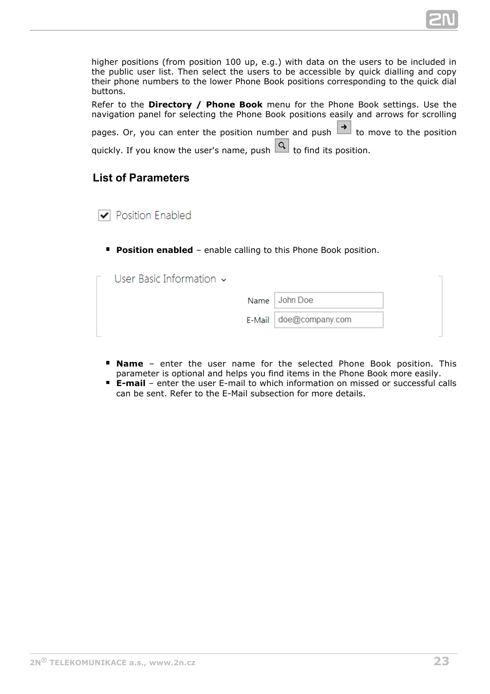 List of parameters | 2N Helios IP Configuration Manual v2.8.1 User Manual | Page 23 / 116