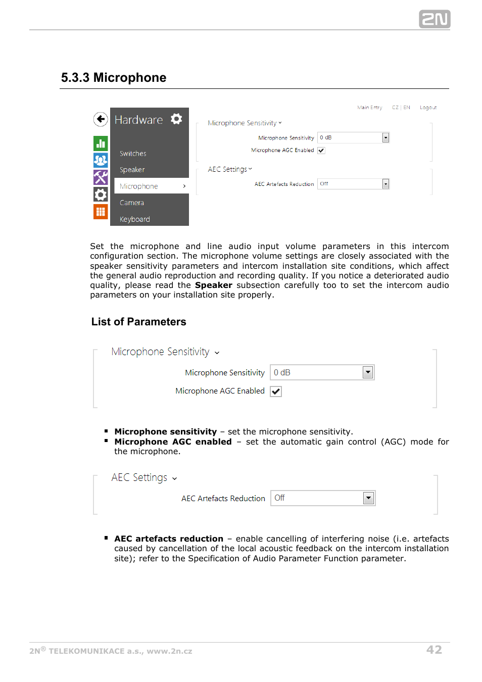 3 microphone, List of parameters | 2N Helios IP Configuration Manual v2.8.1 User Manual | Page 42 / 116