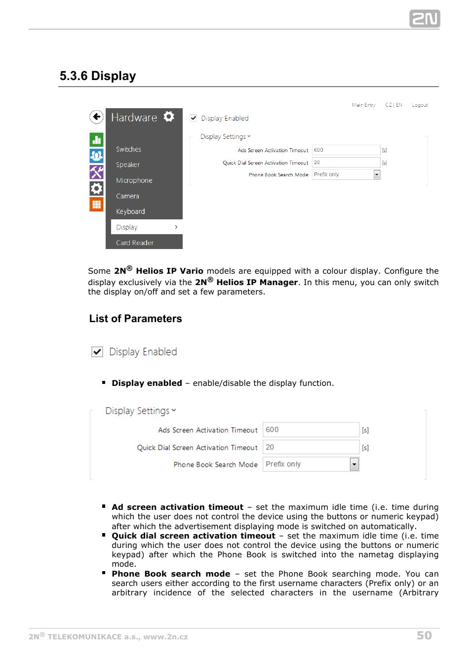 6 display, List of parameters | 2N Helios IP Configuration Manual v2.8.1 User Manual | Page 50 / 116