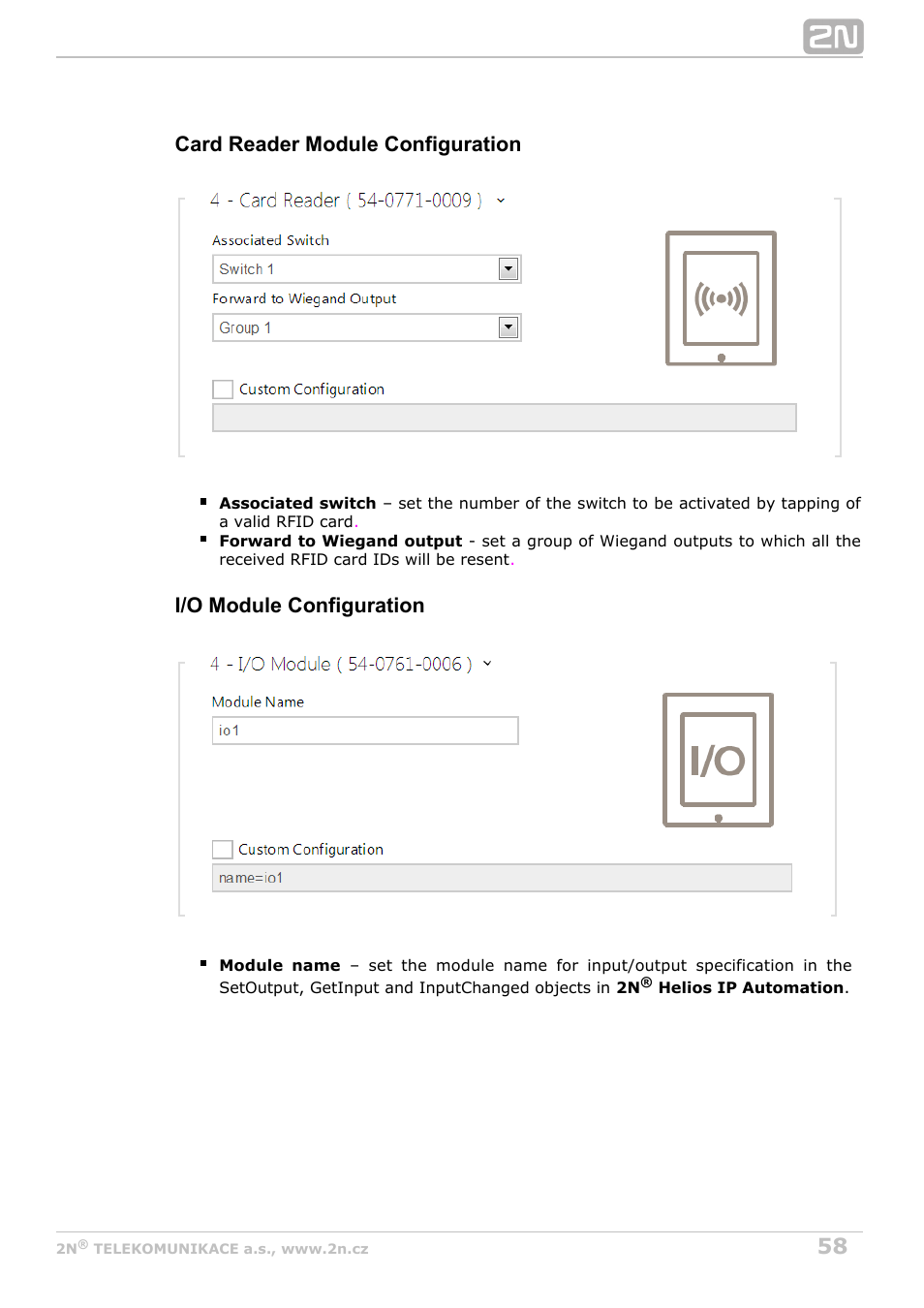 Card reader module configuration, I/o module configuration | 2N Helios IP Configuration Manual v2.8.1 User Manual | Page 58 / 116