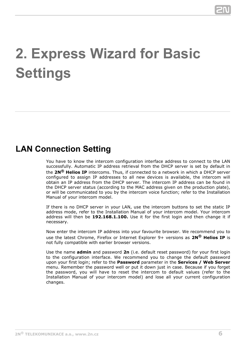 Express wizard for basic settings, Lan connection setting | 2N Helios IP Configuration Manual v2.8.1 User Manual | Page 6 / 116