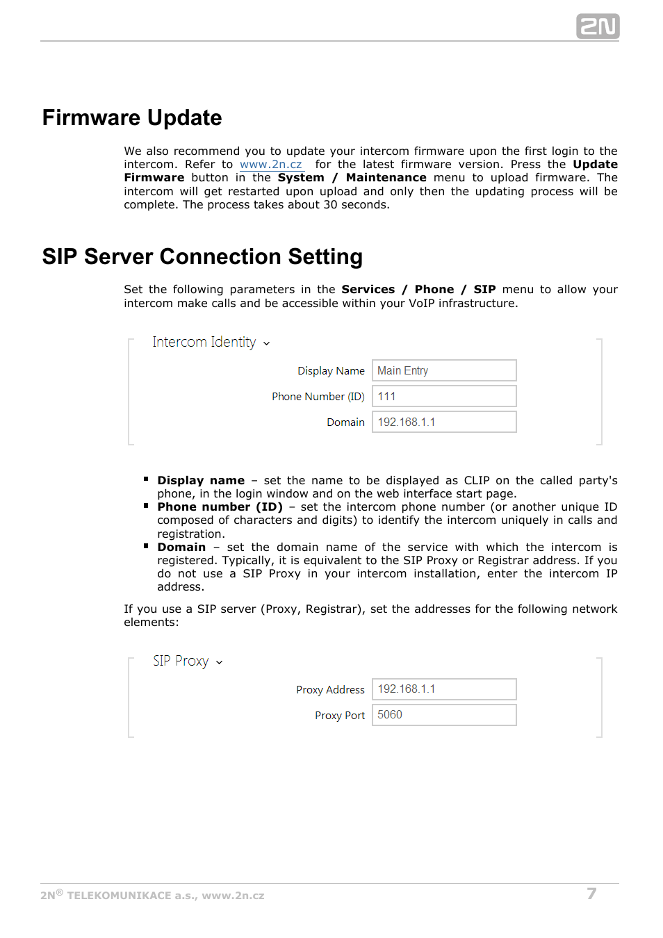 Firmware update, Sip server connection setting | 2N Helios IP Configuration Manual v2.8.1 User Manual | Page 7 / 116