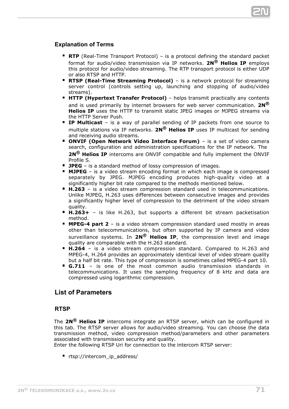 List of parameters | 2N Helios IP Configuration Manual v2.8.1 User Manual | Page 71 / 116