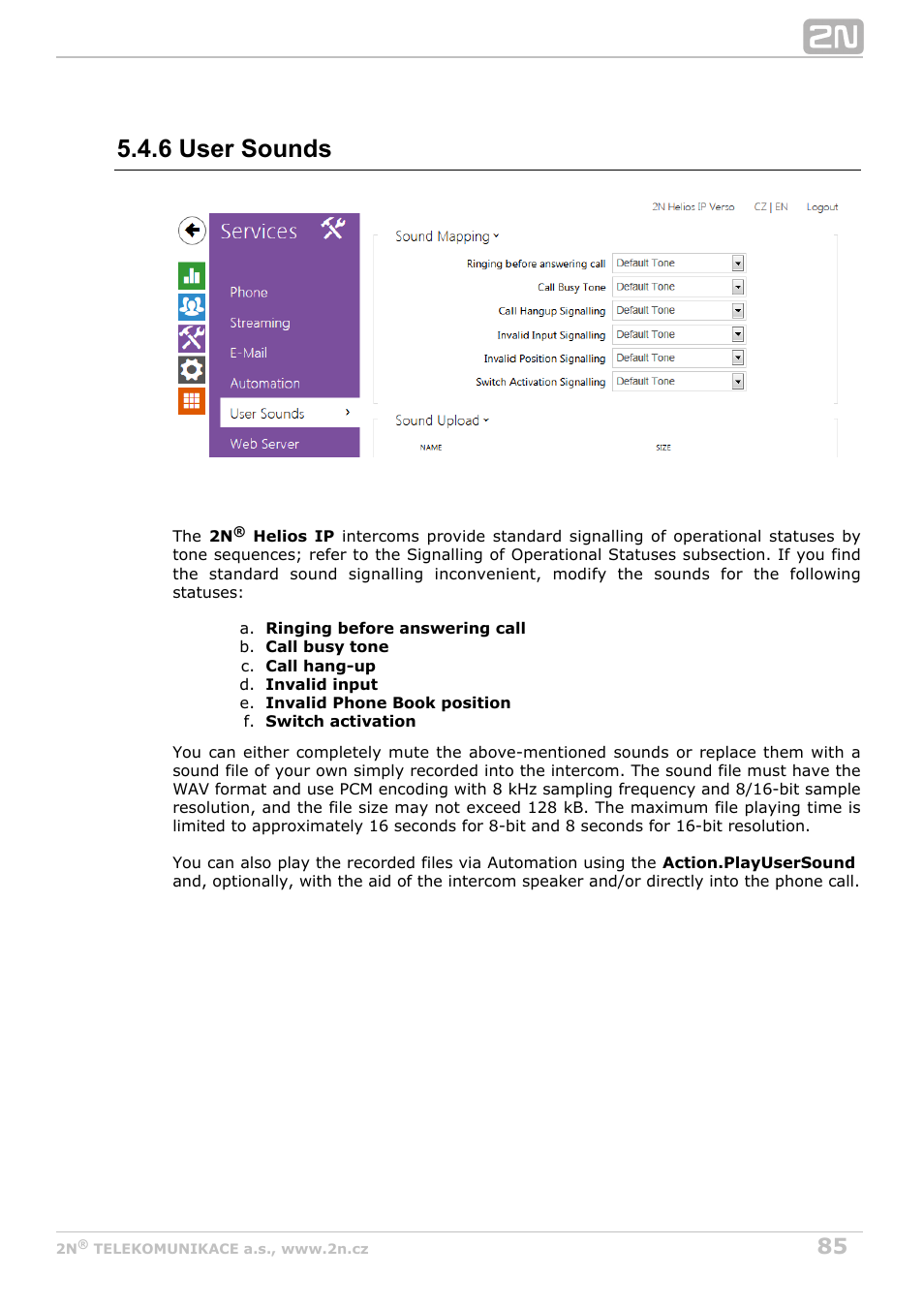 6 user sounds | 2N Helios IP Configuration Manual v2.8.1 User Manual | Page 85 / 116