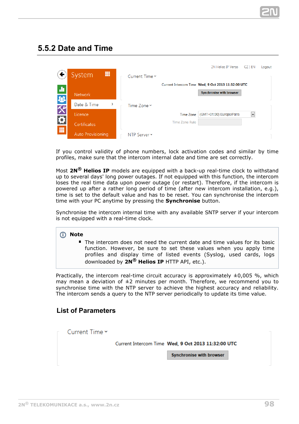 2 date and time, List of parameters | 2N Helios IP Configuration Manual v2.8.1 User Manual | Page 98 / 116