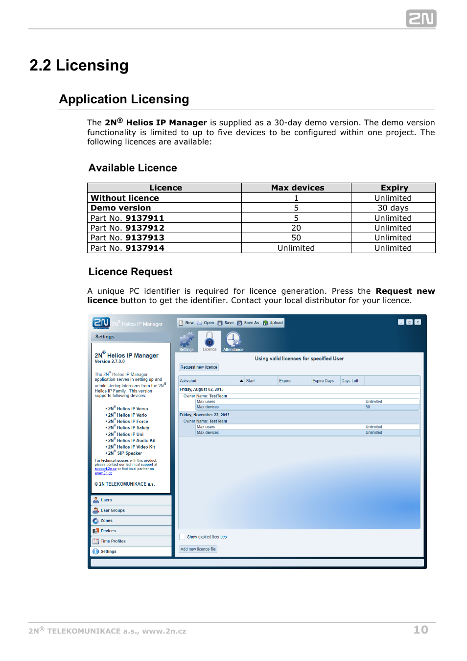 2 licensing, Application licensing, Available licence | Licence request | 2N Helios IP Manager v2.8 User Manual | Page 10 / 47