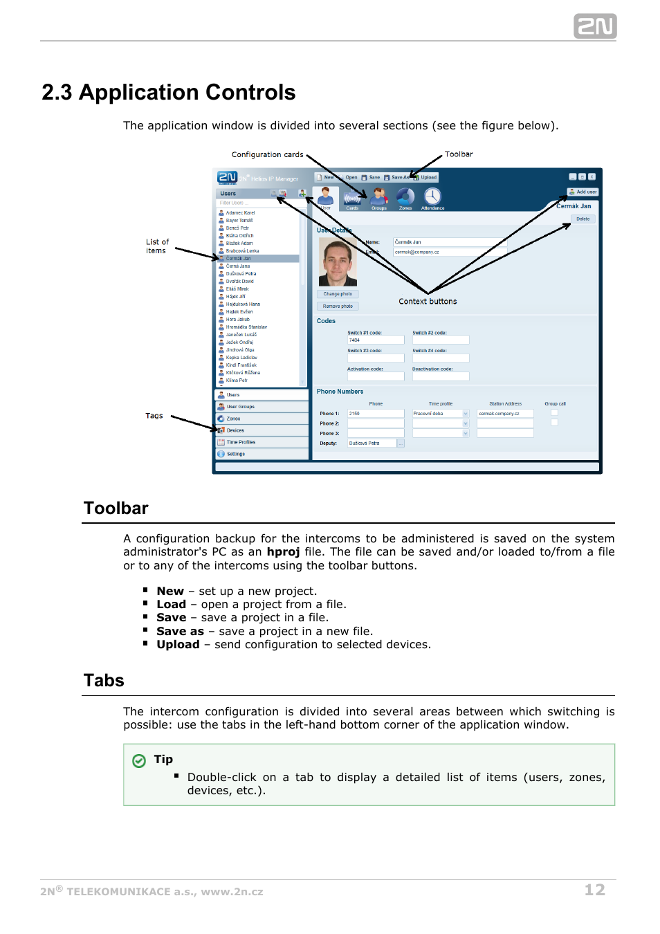 3 application controls, Toolbar, Tabs | 2N Helios IP Manager v2.8 User Manual | Page 12 / 47