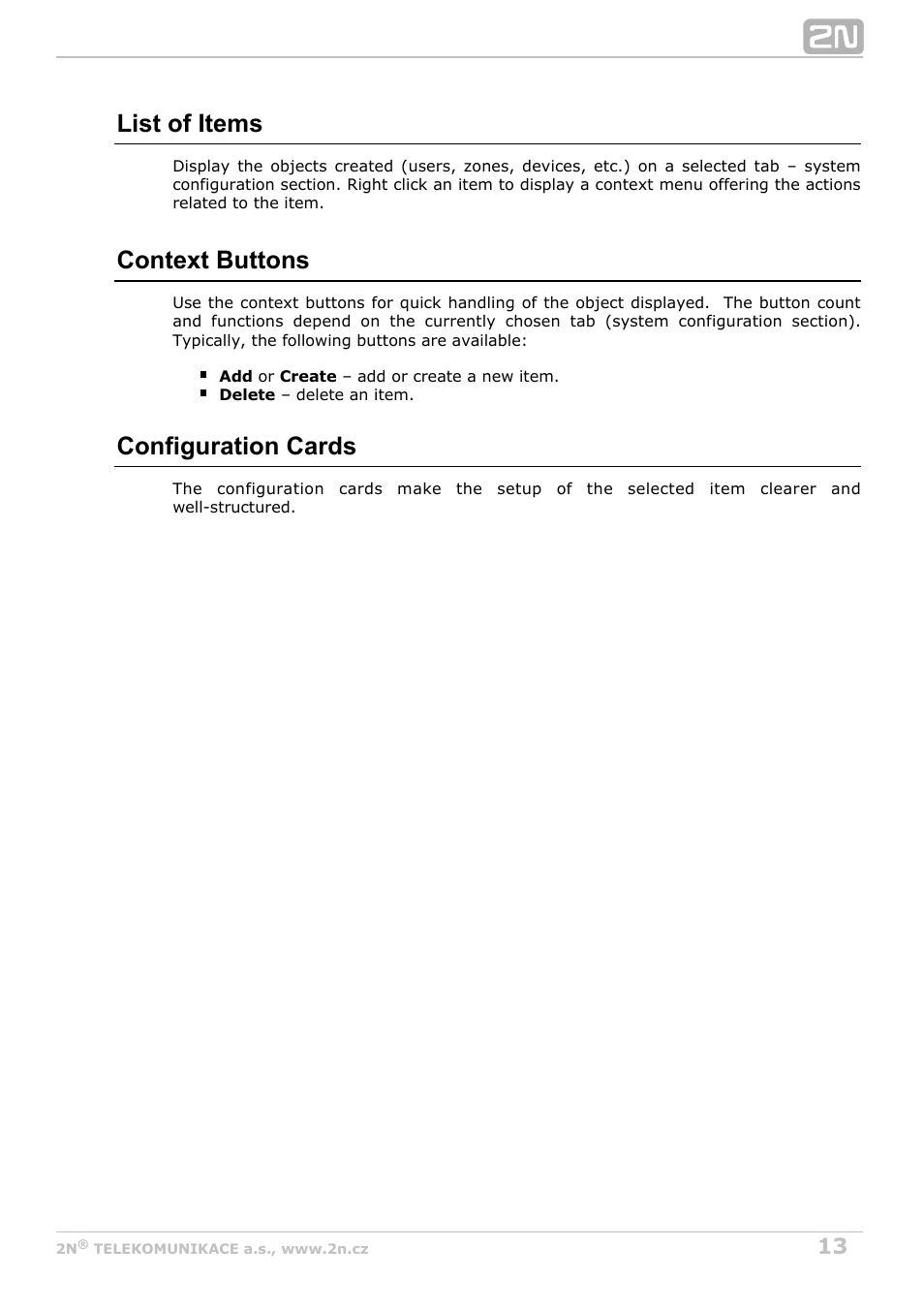 List of items, Context buttons, Configuration cards | 2N Helios IP Manager v2.8 User Manual | Page 13 / 47