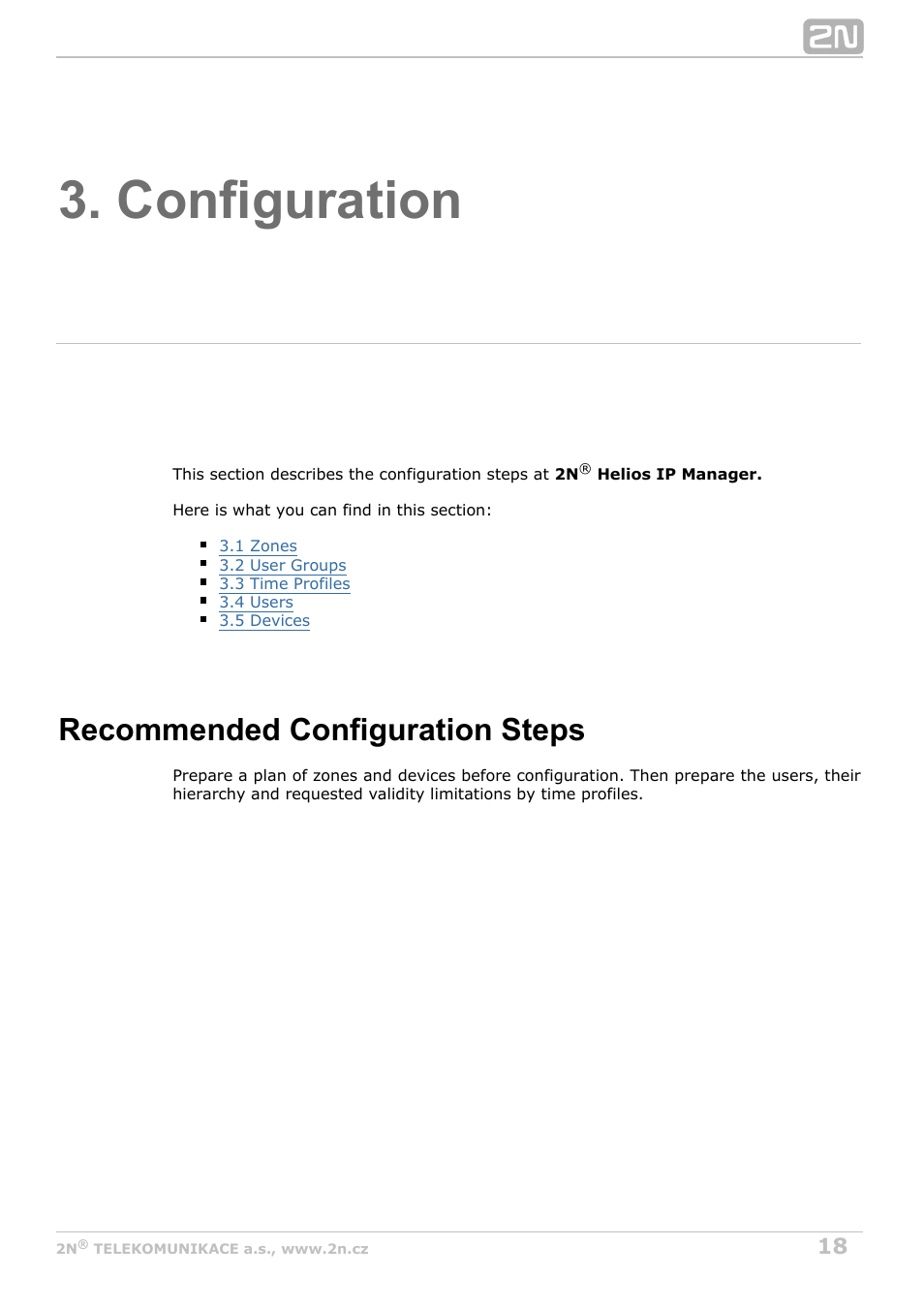 Configuration, Recommended configuration steps | 2N Helios IP Manager v2.8 User Manual | Page 18 / 47