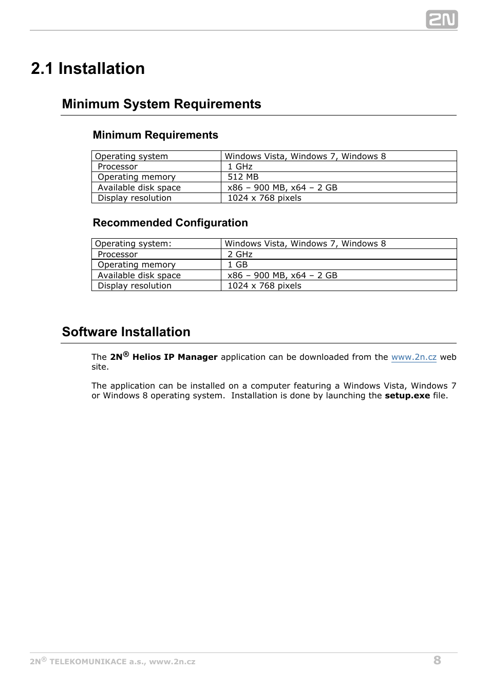 1 installation, Minimum system requirements, Software installation | Minimum requirements, Recommended configuration | 2N Helios IP Manager v2.8 User Manual | Page 8 / 47