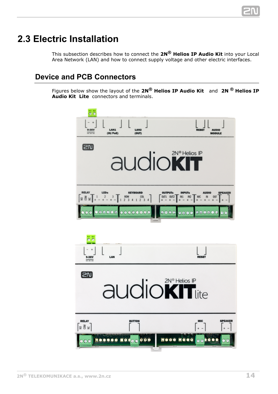 3 electric installation, Device and pcb connectors | 2N Helios IP Audio Kit User Manual | Page 14 / 31