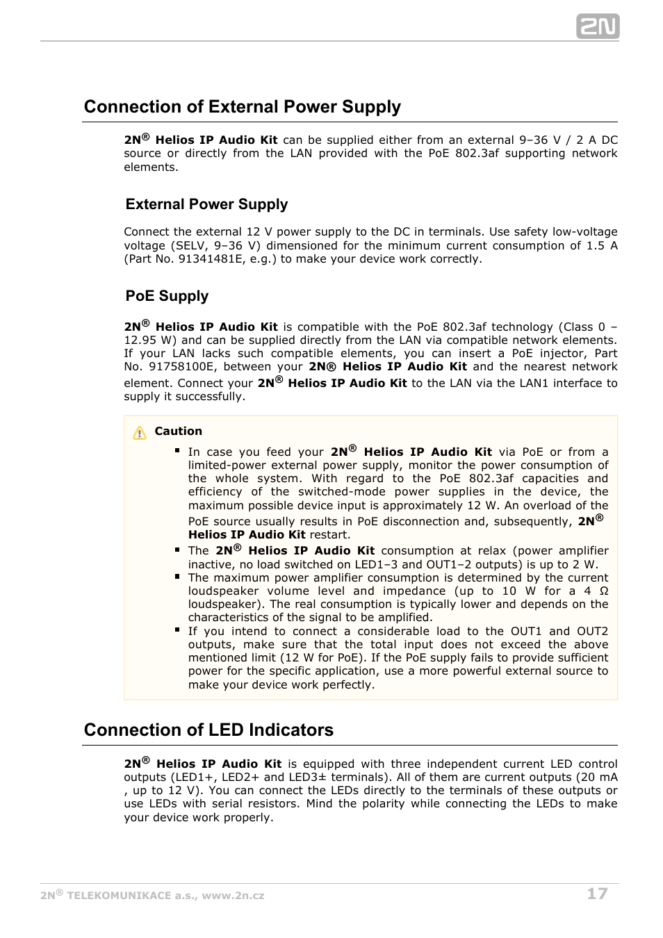 Connection of external power supply, Connection of led indicators, External power supply | Poe supply | 2N Helios IP Audio Kit User Manual | Page 17 / 31