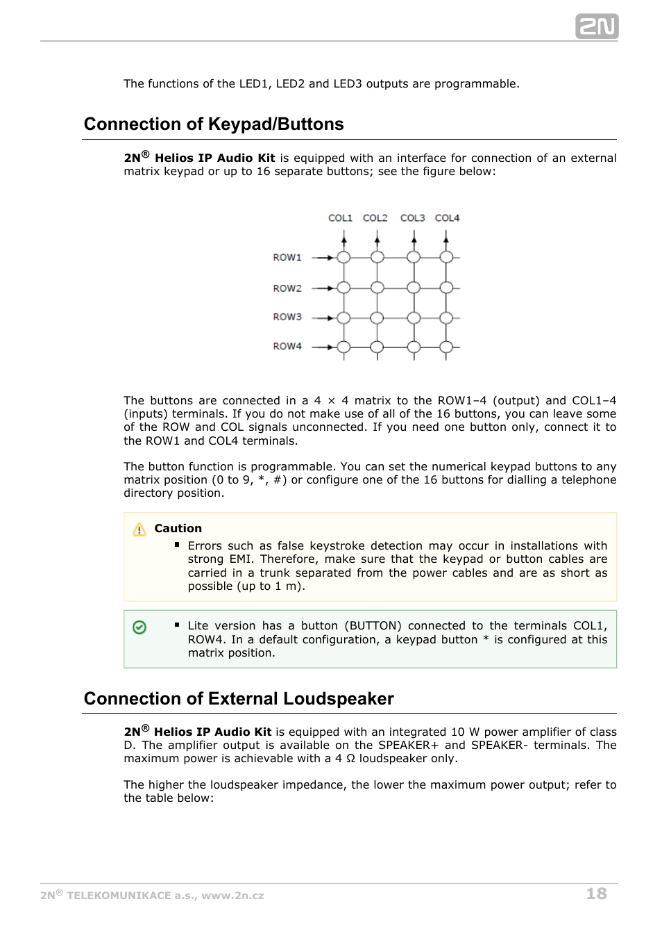 Connection of keypad/buttons, Connection of external loudspeaker | 2N Helios IP Audio Kit User Manual | Page 18 / 31