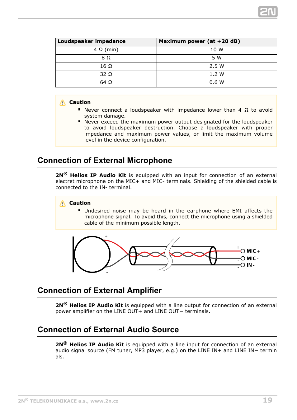 Connection of external microphone, Connection of external amplifier, Connection of external audio source | 2N Helios IP Audio Kit User Manual | Page 19 / 31