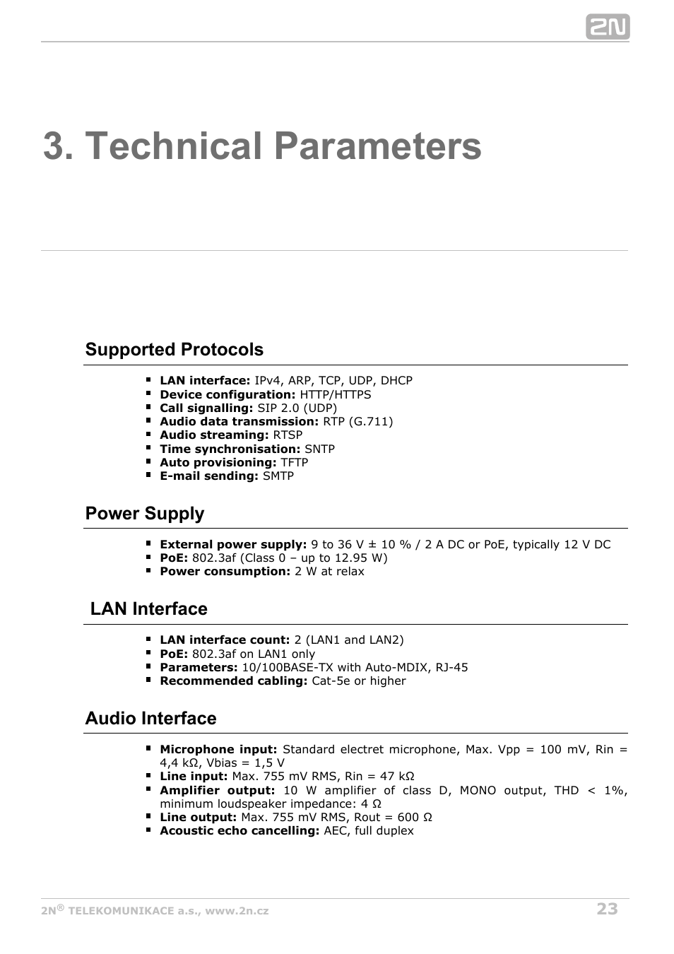 Technical parameters, Supported protocols, Power supply | Lan interface, Audio interface | 2N Helios IP Audio Kit User Manual | Page 23 / 31