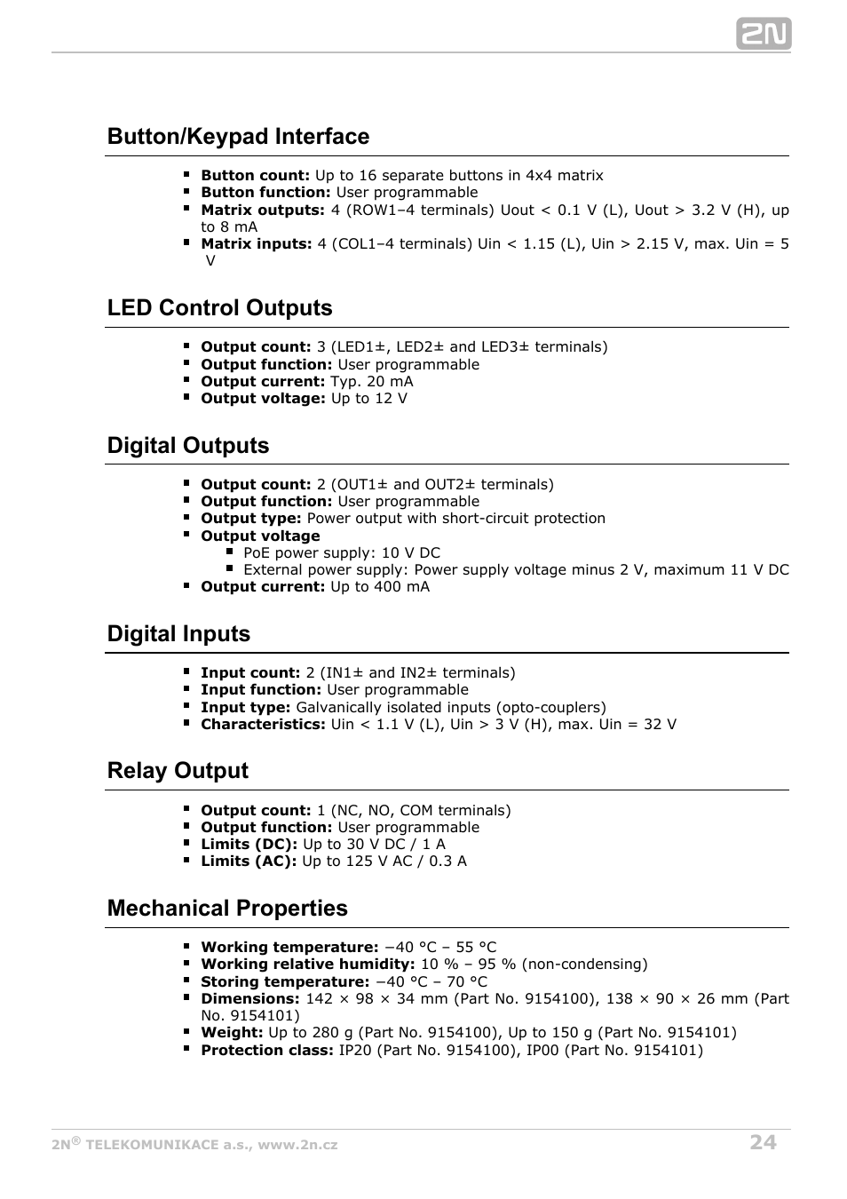 Button/keypad interface, Led control outputs, Digital outputs | Digital inputs, Relay output, Mechanical properties | 2N Helios IP Audio Kit User Manual | Page 24 / 31