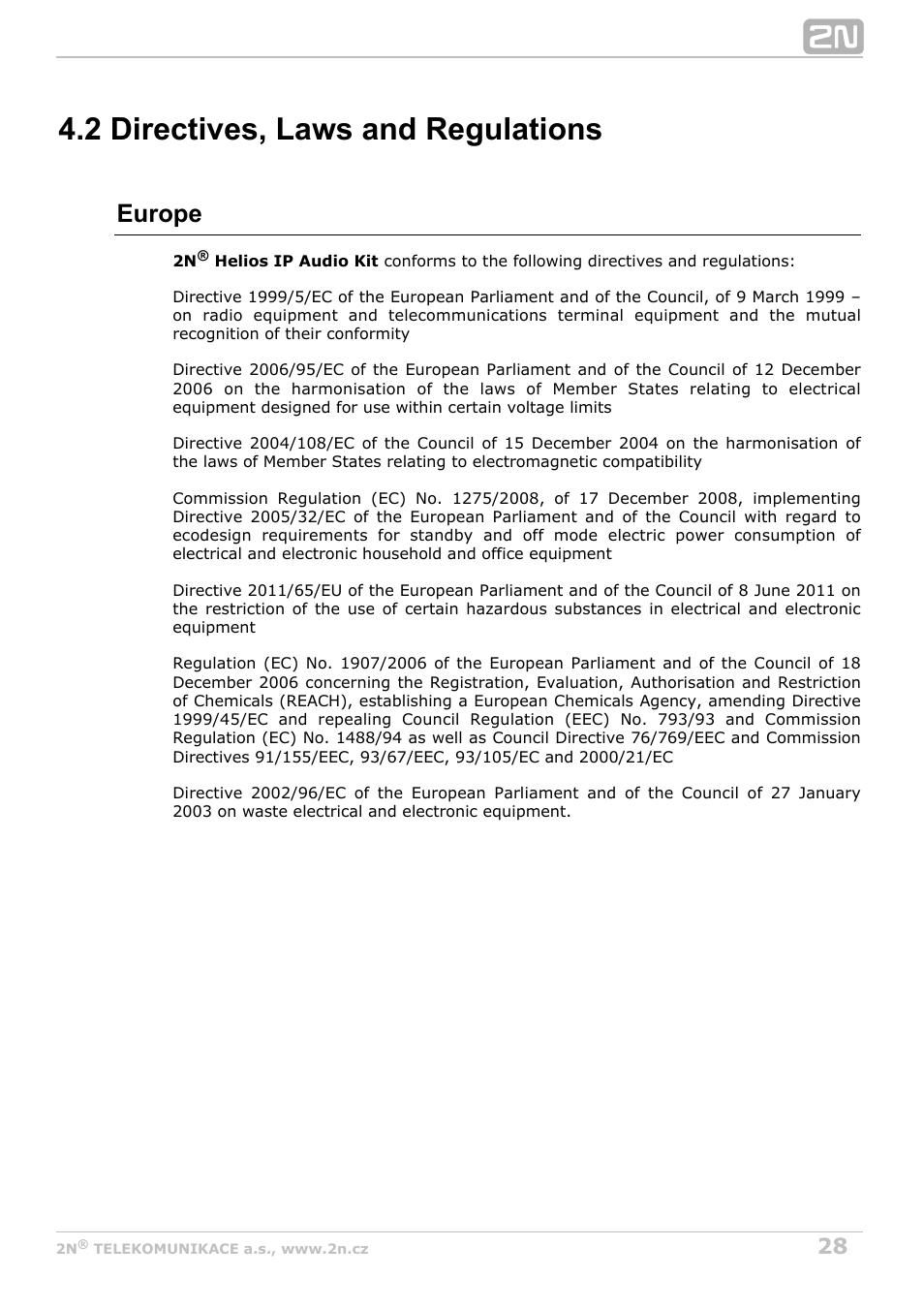 2 directives, laws and regulations, Europe | 2N Helios IP Audio Kit User Manual | Page 28 / 31