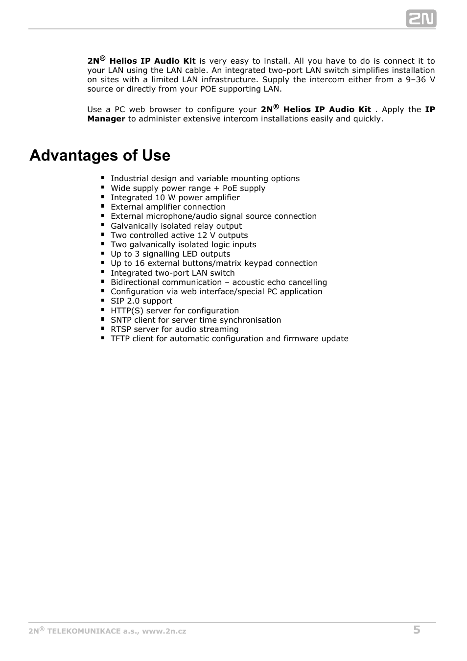 Advantages of use | 2N Helios IP Audio Kit User Manual | Page 5 / 31