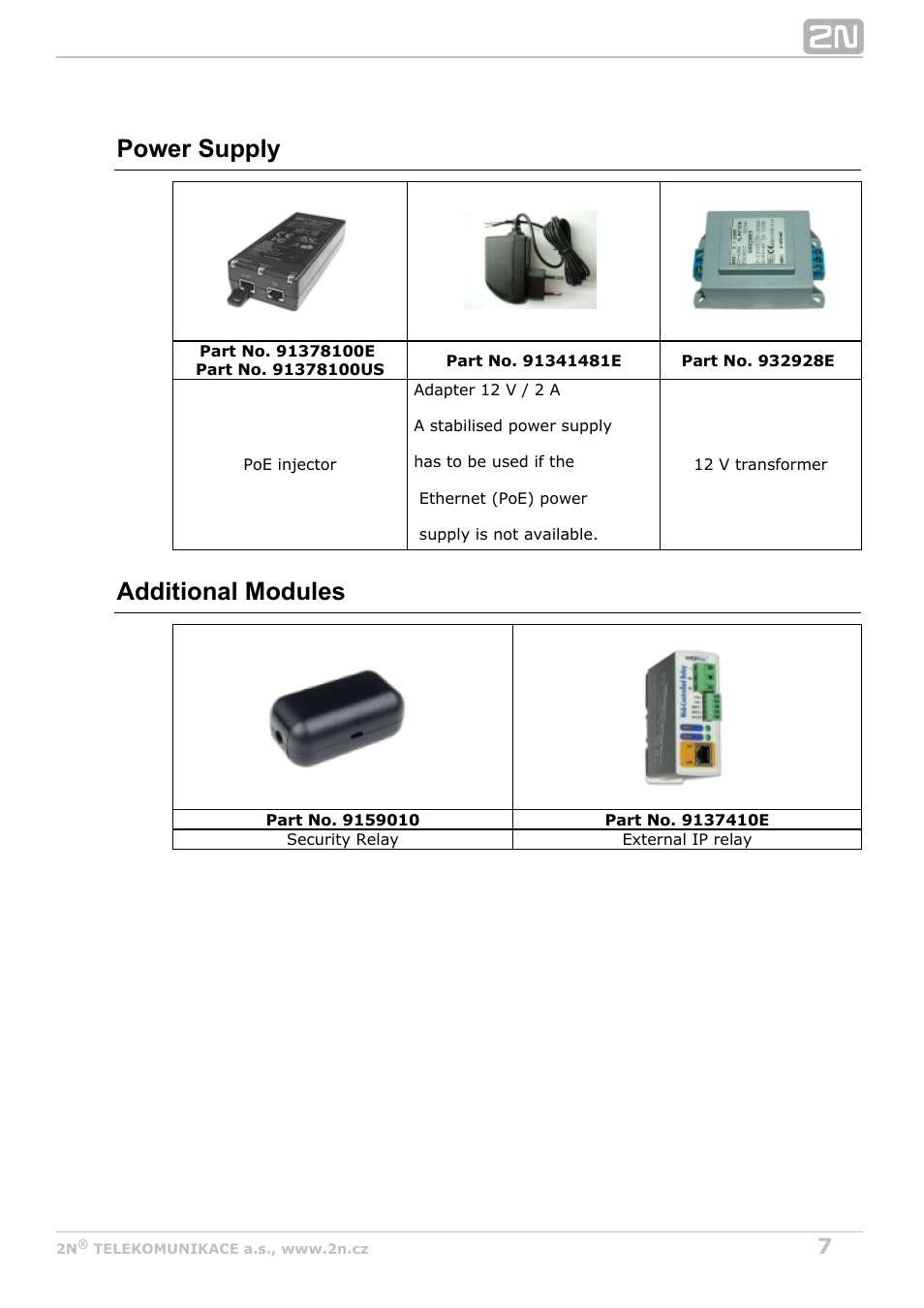 Power supply, Additional modules | 2N Helios IP Audio Kit User Manual | Page 7 / 31