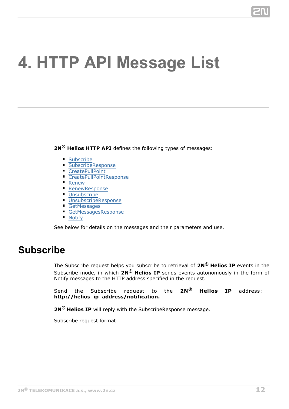 Http api message list, Subscribe | 2N Helios IP HTTP API Manual v2.8 User Manual | Page 12 / 29