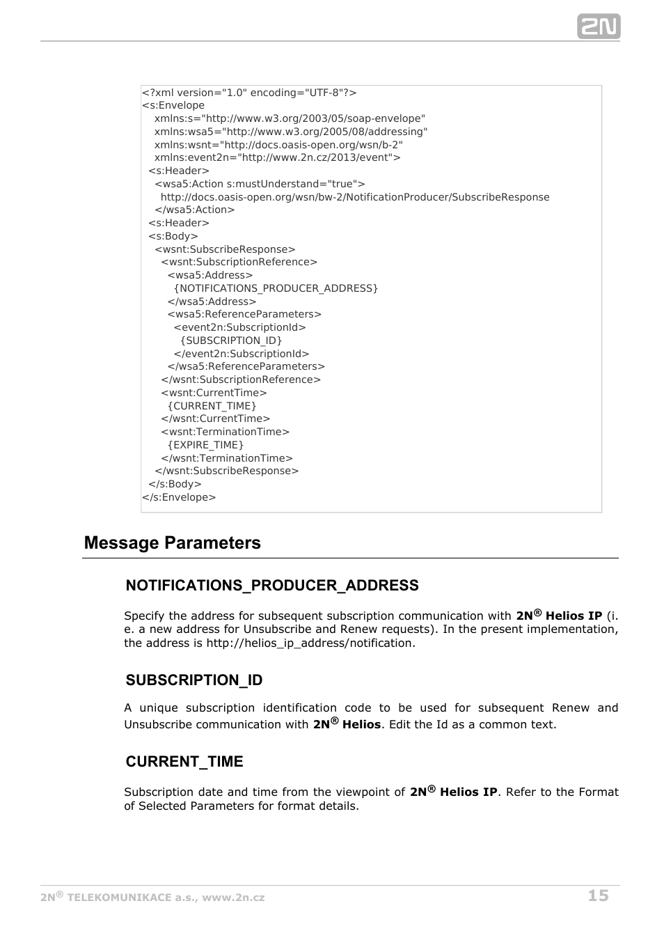 Message parameters, Notifications_producer_address, Subscription_id | Current_time | 2N Helios IP HTTP API Manual v2.8 User Manual | Page 15 / 29