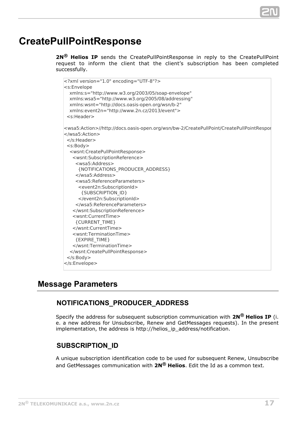 Createpullpointresponse, Message parameters, Notifications_producer_address | Subscription_id | 2N Helios IP HTTP API Manual v2.8 User Manual | Page 17 / 29