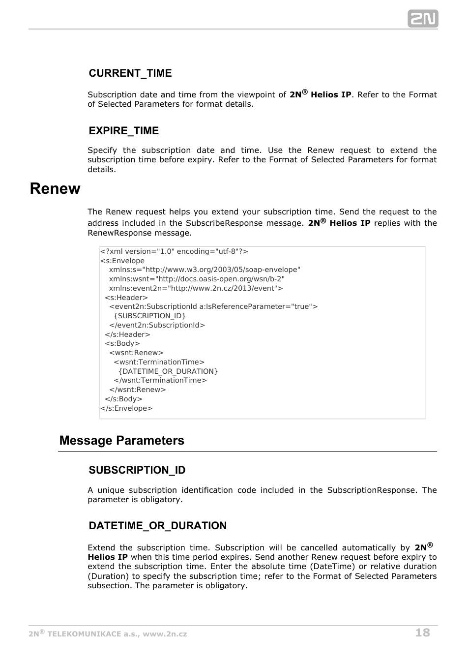 Renew, Message parameters, Current_time | Expire_time, Subscription_id, Datetime_or_duration | 2N Helios IP HTTP API Manual v2.8 User Manual | Page 18 / 29