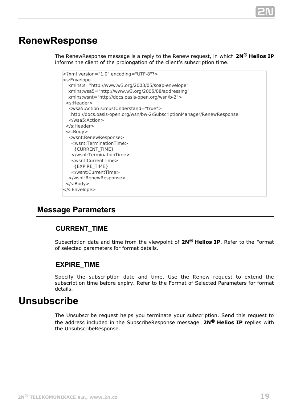 Renewresponse unsubscribe, Renewresponse, Unsubscribe | Message parameters, Current_time, Expire_time | 2N Helios IP HTTP API Manual v2.8 User Manual | Page 19 / 29