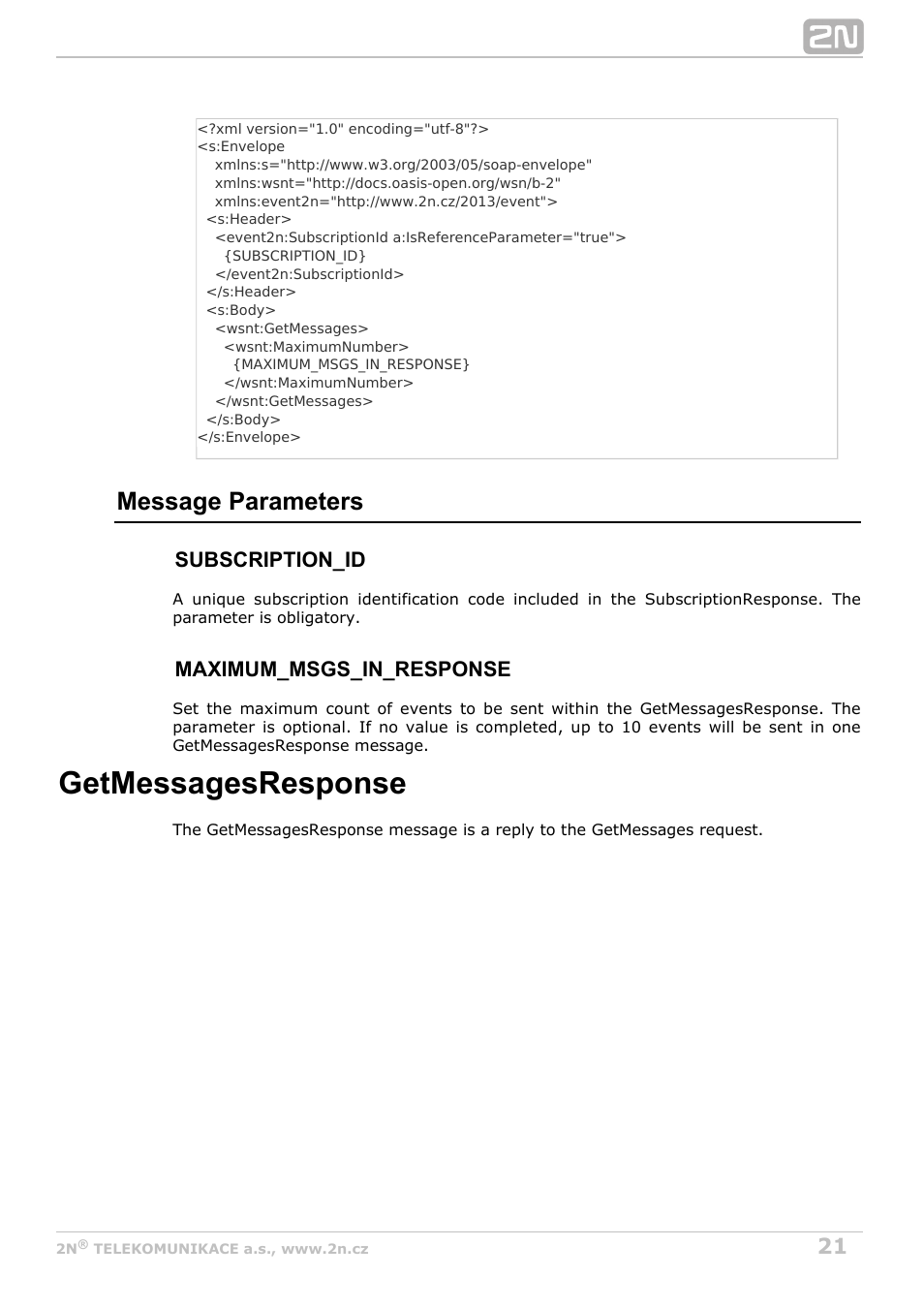 Getmessagesresponse, Message parameters | 2N Helios IP HTTP API Manual v2.8 User Manual | Page 21 / 29