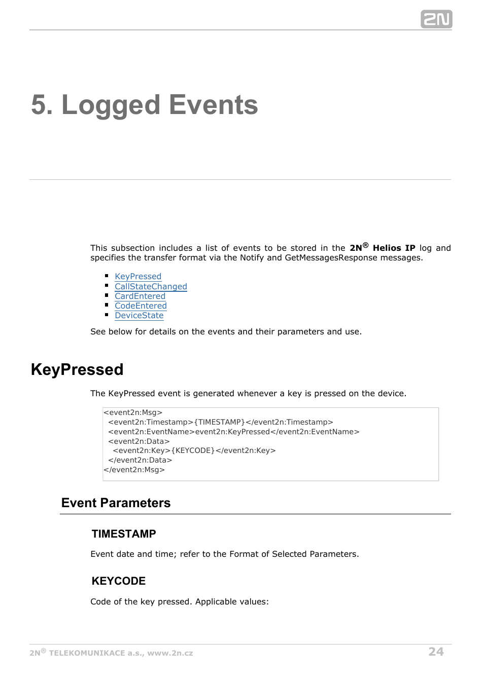 Logged events, Keypressed, Event parameters | 2N Helios IP HTTP API Manual v2.8 User Manual | Page 24 / 29