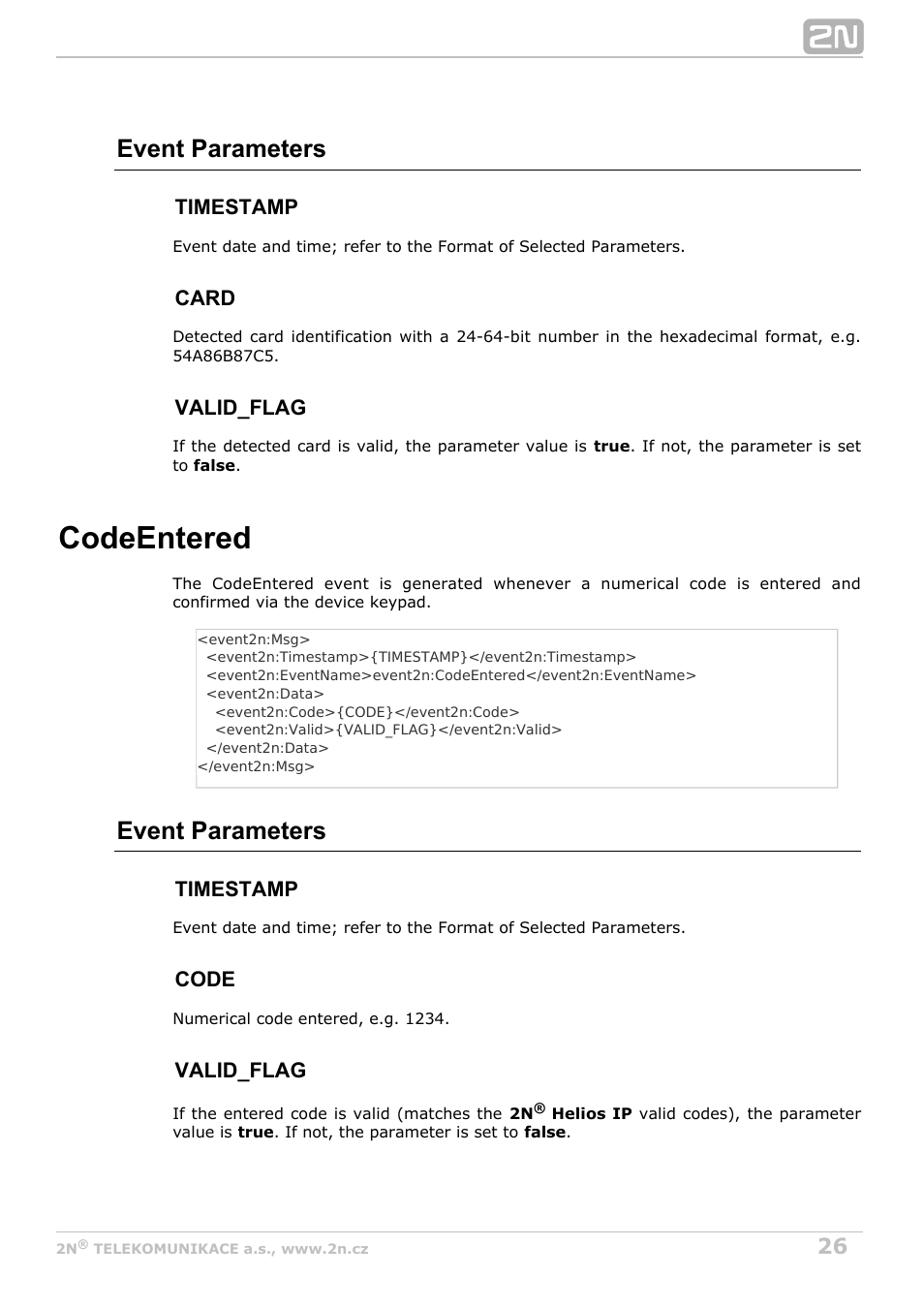 Codeentered, Event parameters | 2N Helios IP HTTP API Manual v2.8 User Manual | Page 26 / 29