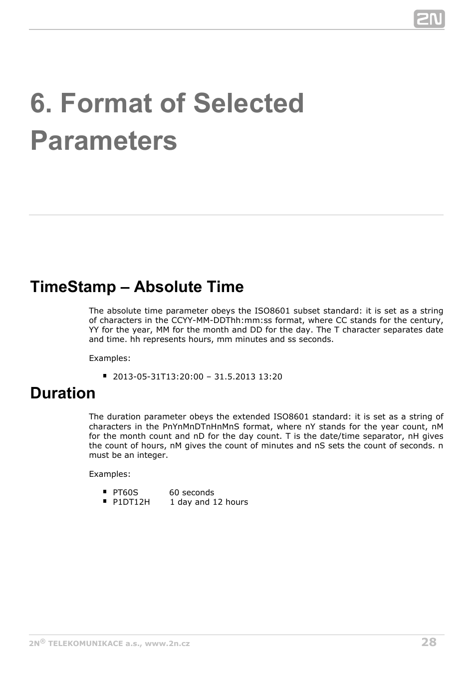 Format of selected parameters, Timestamp – absolute time, Duration | 2N Helios IP HTTP API Manual v2.8 User Manual | Page 28 / 29