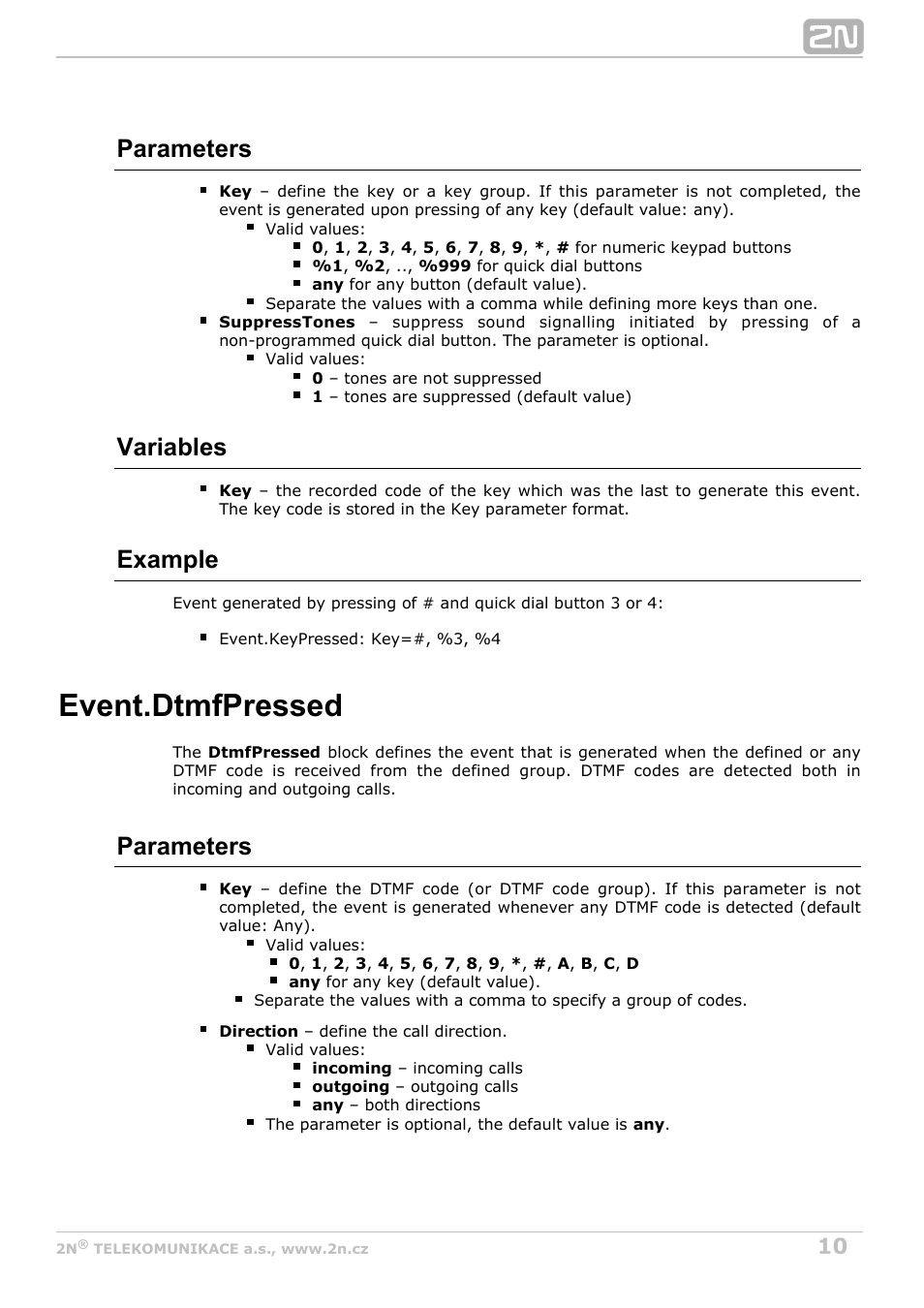 Dtmfpressed, Dtmf code received in call, Event.dtmfpressed | Parameters, Variables, Example | 2N Helios IP Automation Manual v2.8 User Manual | Page 10 / 43